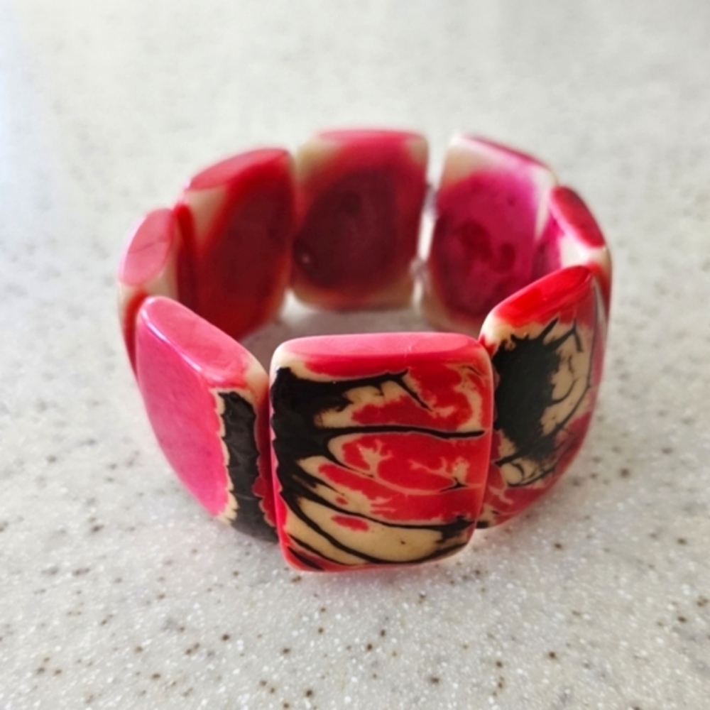 NEW Tagua Nut Hand Carved Stretchy Bracelet Hot Pink / Mixed Color